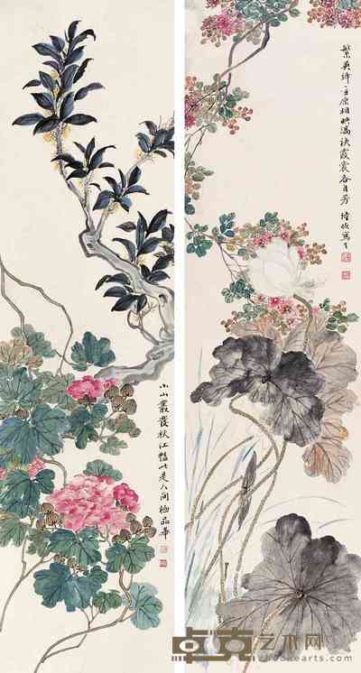 陆恢 对屏花鸟图 立轴 127×34cm×2